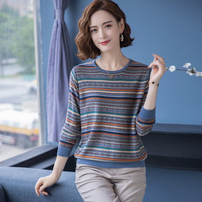 Middle Age Women Striped Knit Sweater Low Round Neck Pullover Casual Blouse