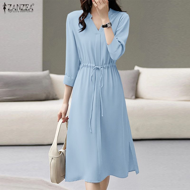 ZANZEA Women Casual V-Neck Solid Color 3/4 Sleeve Dress