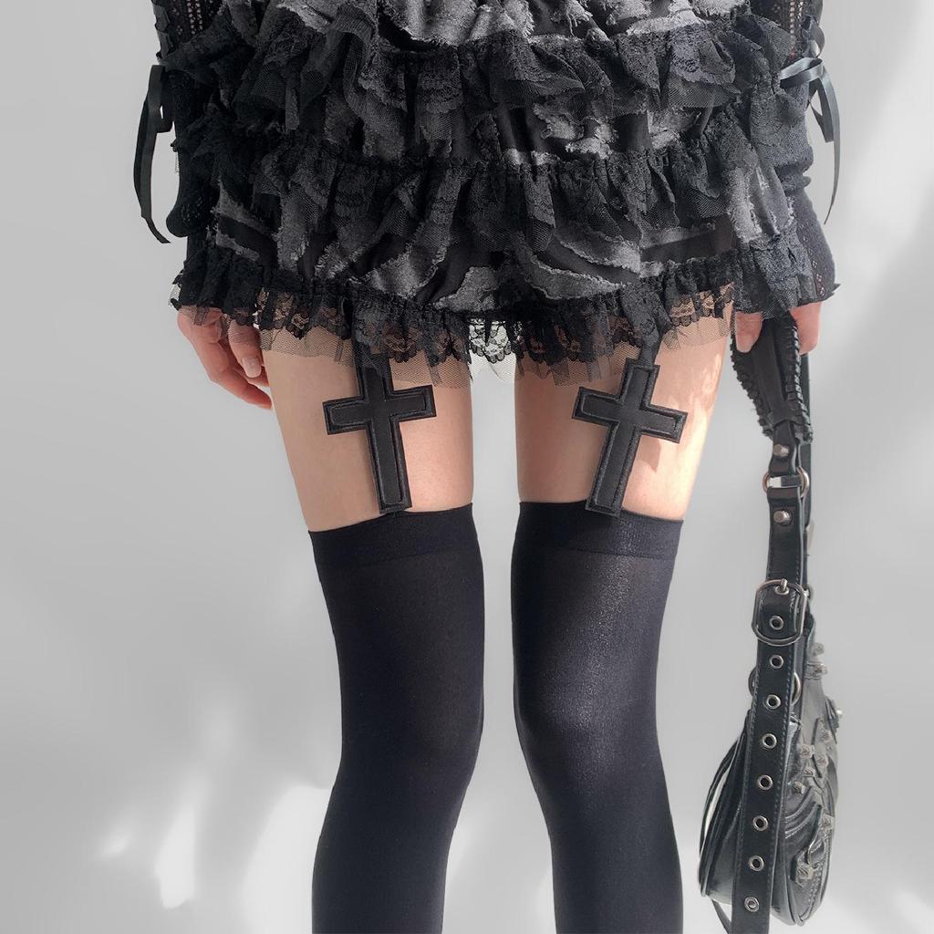 Collants montants gothiques style Y2K avec jarretières croisées
