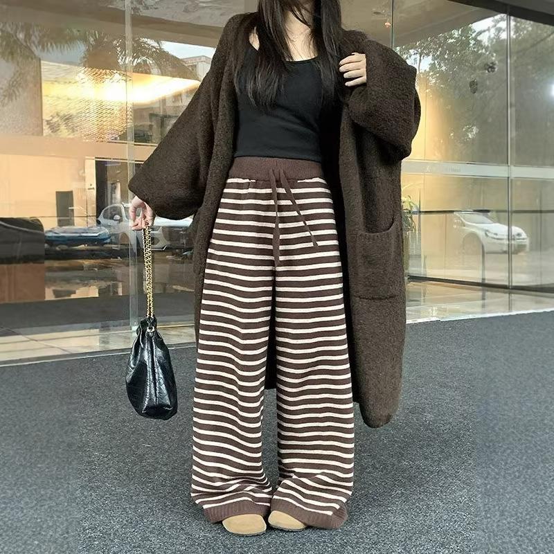 Women s 2025 Retro Coffee Striped High-Waisted Wide-Leg Pants for Autumn/Winter Size M