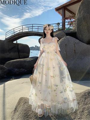 Modique verão feminino elegante floral bordado malha gaze feminino menina sentido halter vestido senhora atmosfera luz vestido de casamento torrar vestido