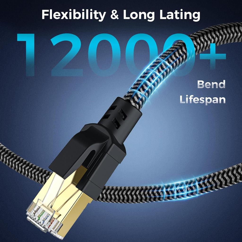 Cat 8 Ethernet Cable 1FT, High-Speed Braided Internet Cable Network Cord with Gold Plated RJ45 Connector 40Gbps 2000Mhz Heavy Duty LAN Cable Shielded