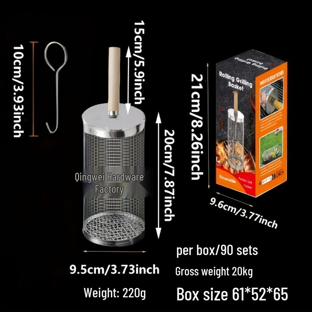 Portable Stainless Steel BBQ Basket with Wooden Handle – Round Outdoor Grilling Cage