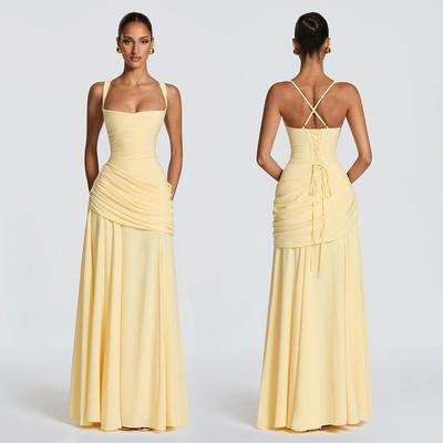Women Elegant Halter Neck Sleeveless Maxi Dress Side Ruched Cross Back Lace Up Formal Evening Gown