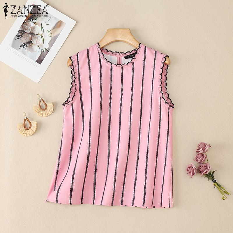 ZANZEA Women Casual Round Neck Stripe Summer Sleeveless Tank Tops