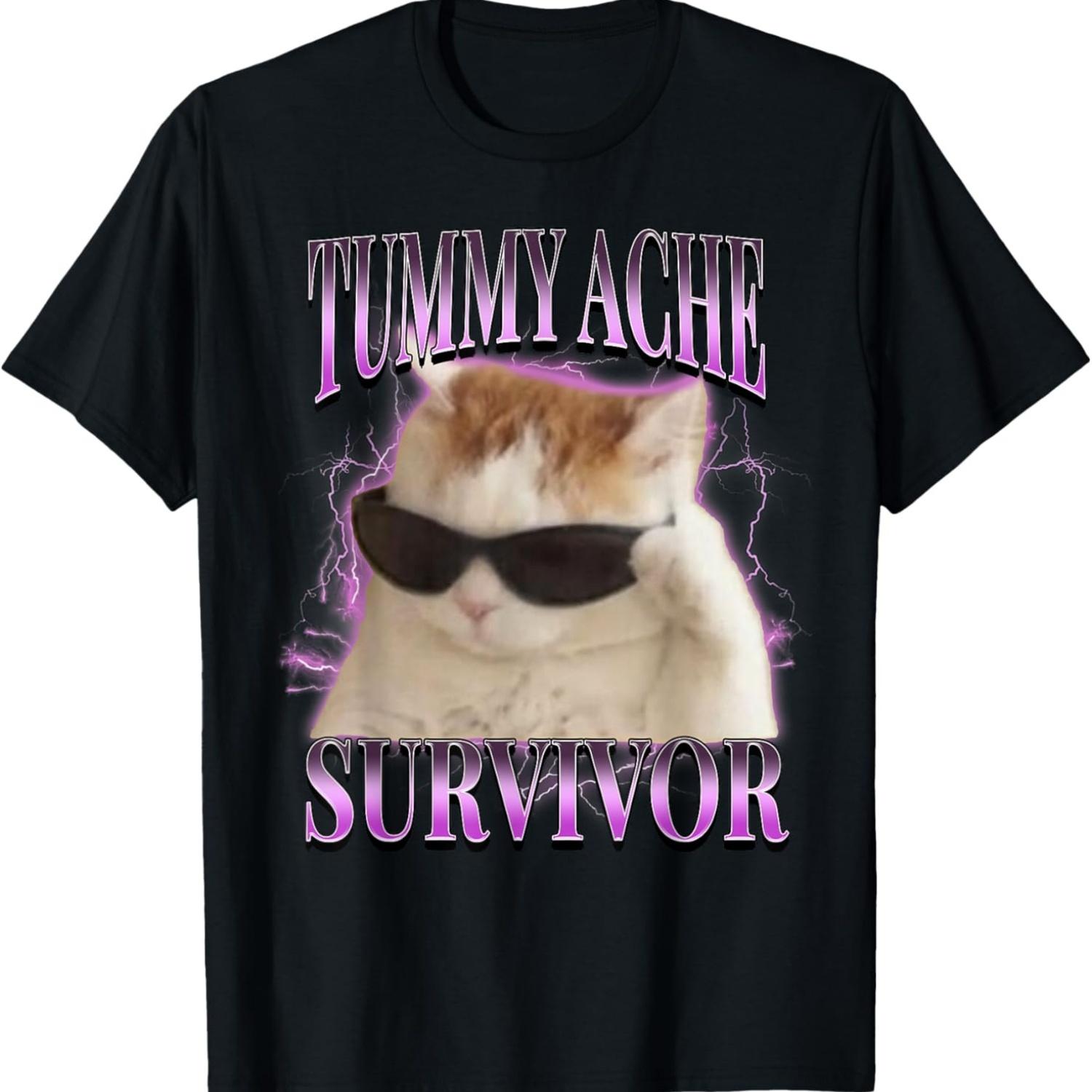 I Survived Today s Tummy Ache Silly Cat Meme Funny Cats Men Women Kids T-Shirt S чёрный