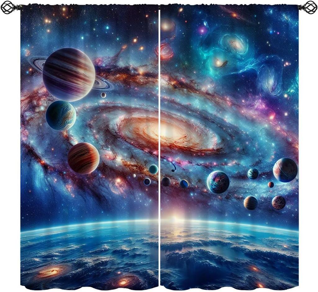 Cartoon Space Universe Curtains,Solar System Planet Rocket Spacecraft Print Decor Rod Pocket Window Treatments For Kids Girls
