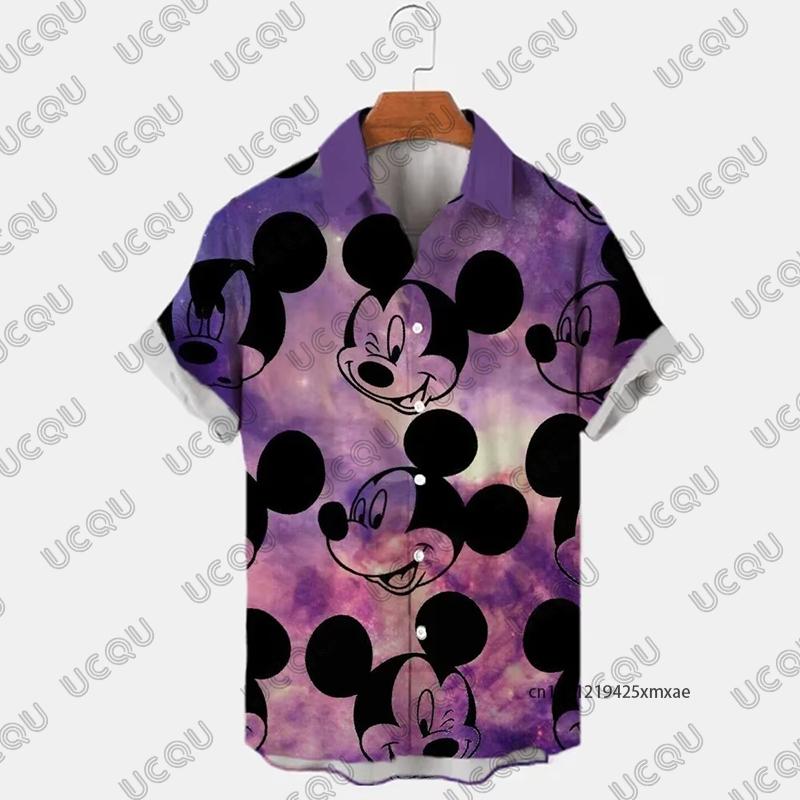 

2026 Disney Mickey Mouse Cartoon Print Summer Hawaii Men s Lapel Short Sleeve Shirt Casual Beach Vacation Oversize Adult Top XL