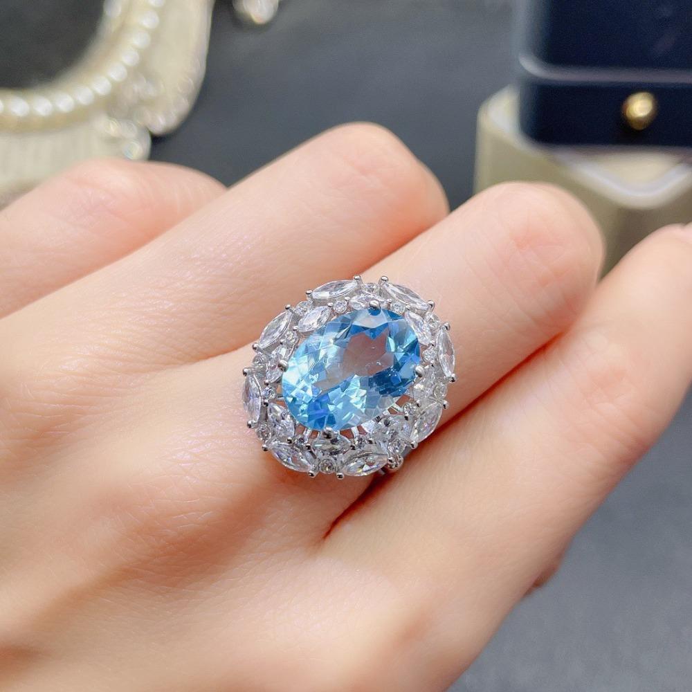 Women Rings Swiss Blue Topaz Imitation Stone High Carbon Diamond Open Band Colorful Gemstone Adjustable синий