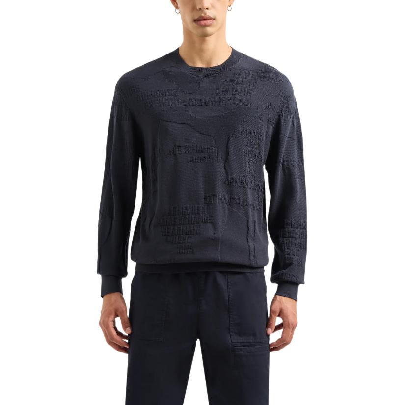 Armani Exchange SS24 Geometric Pattern Loose Fit Round Neck Long Sleeve Knit Sweater Men Sweater Navy-Blue 3DZM6J-ZMQ7Z-55JK