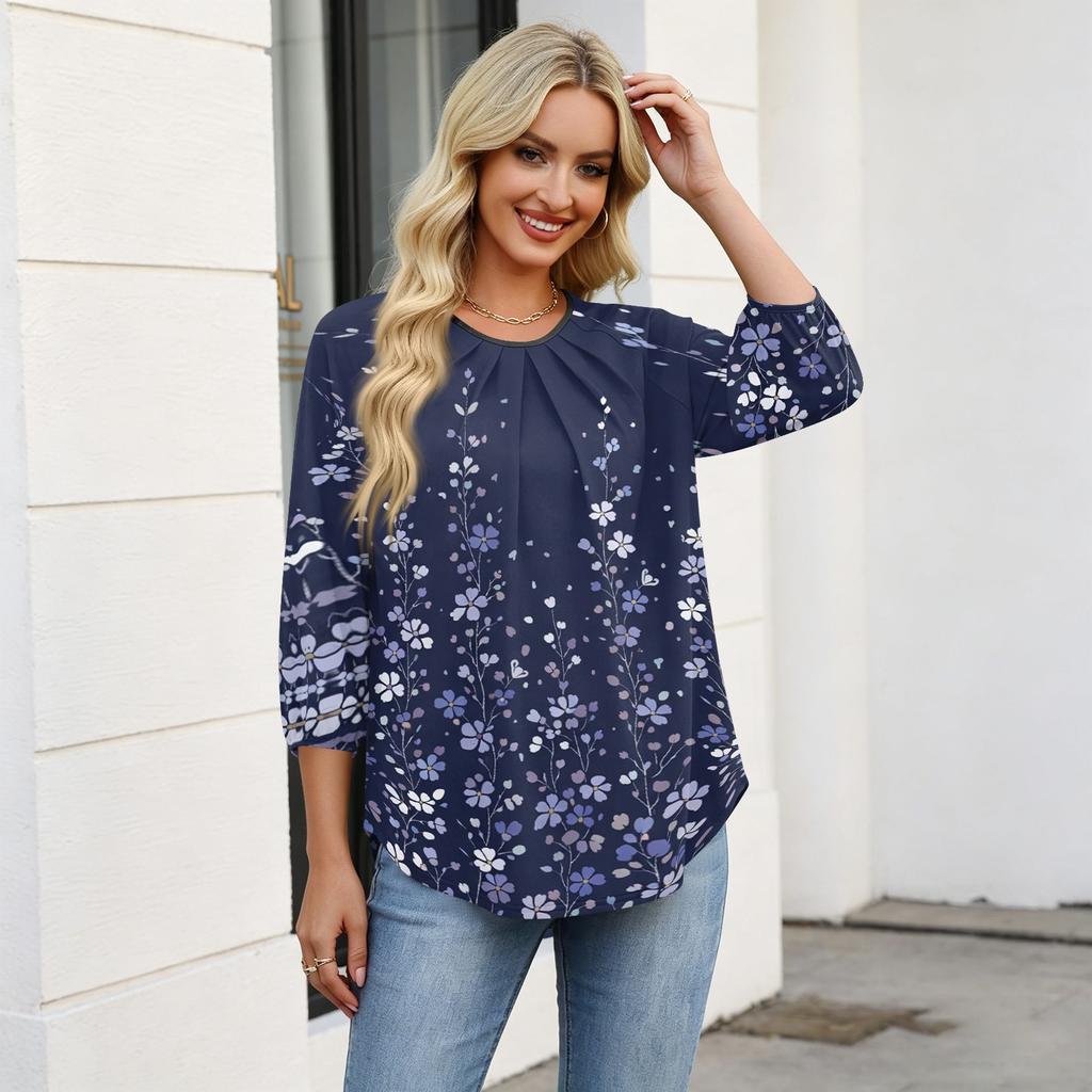 Women Floral Print 3/4 Sleeve Round Neck Pleated Casual Blouse Top Lightweight Comfortable Fit