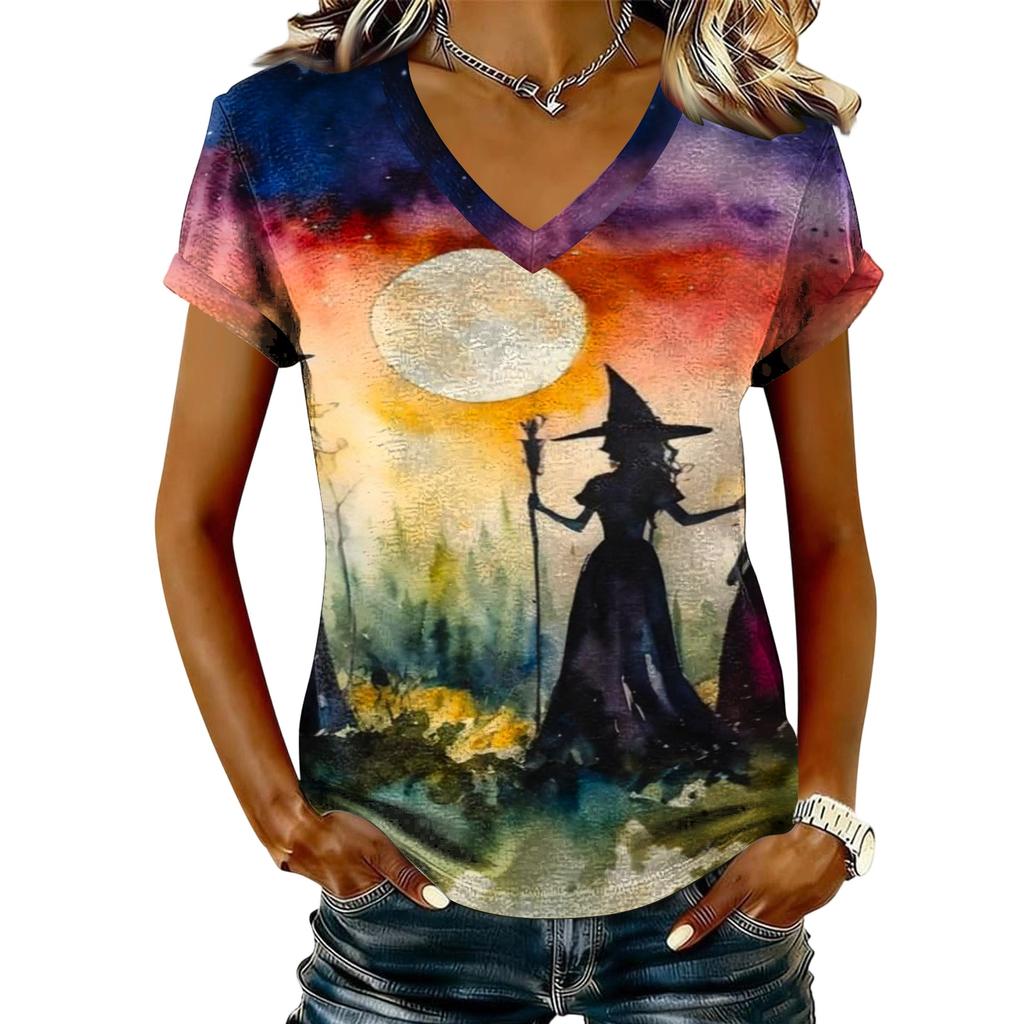 Women's V-Neck Short Sleeve Halloween Print T-Shirt Casual Pullover Top