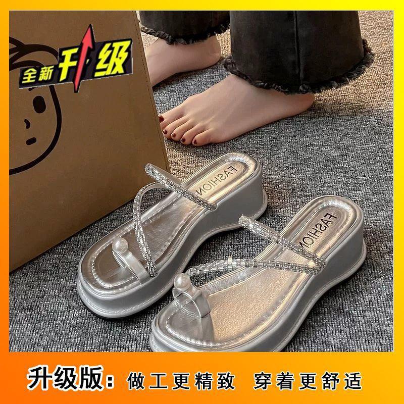 

Rhinestone heightening French style with skirt soft-soled sandals women s summer 2025 new slope heel sleeve toe with slippers 40