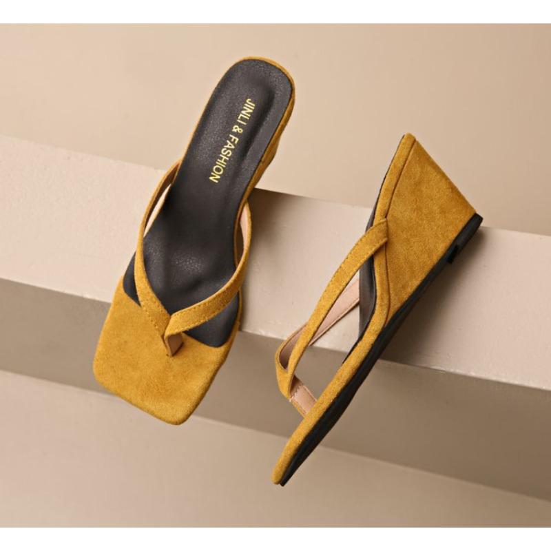 Fashion New Style Slope Slippers Women's Fashion Square Head Clip Toe Set Foot Fine Strap Soft Sole Anti-slip Wear-resistant High Heels