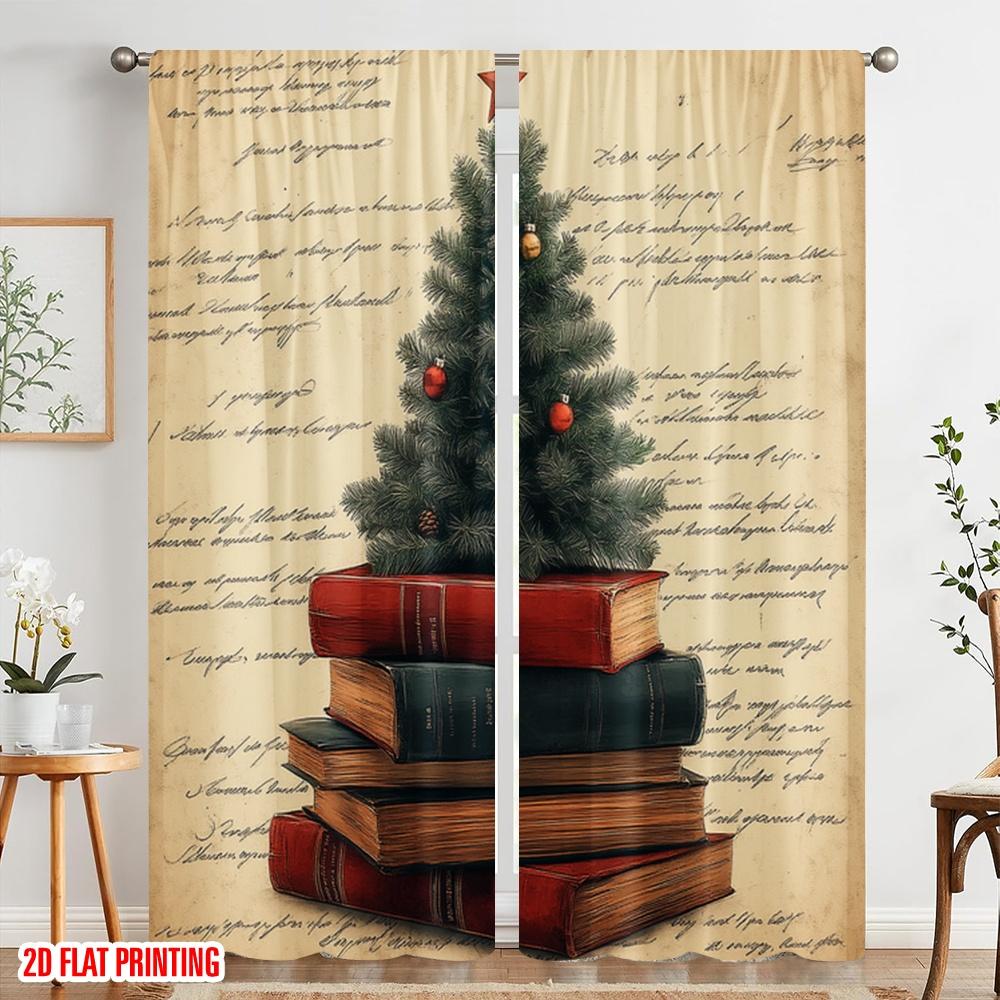 2 Stück, 2D-Flachdruck Vorhänge Digitaldruck Weihnachtsbaum Bücher Festlich (3) Vielseitiges Polyester (ohne Stange) Art Deco