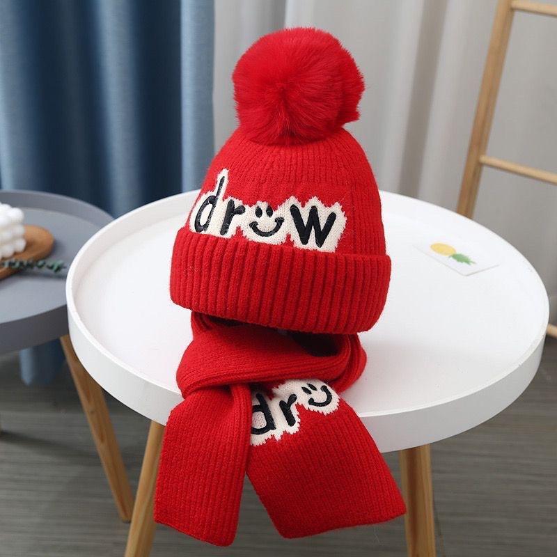 Autumn and winter children's hat boy bear wool hat girl knitted cotton warm baby hat scarf two-piece set