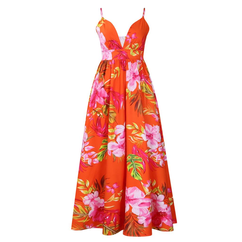 Spring and Summer Fashion Temperament V-neck Suspender Printed Beach Long Skirt Sexy Fashion Casual Women's Dress