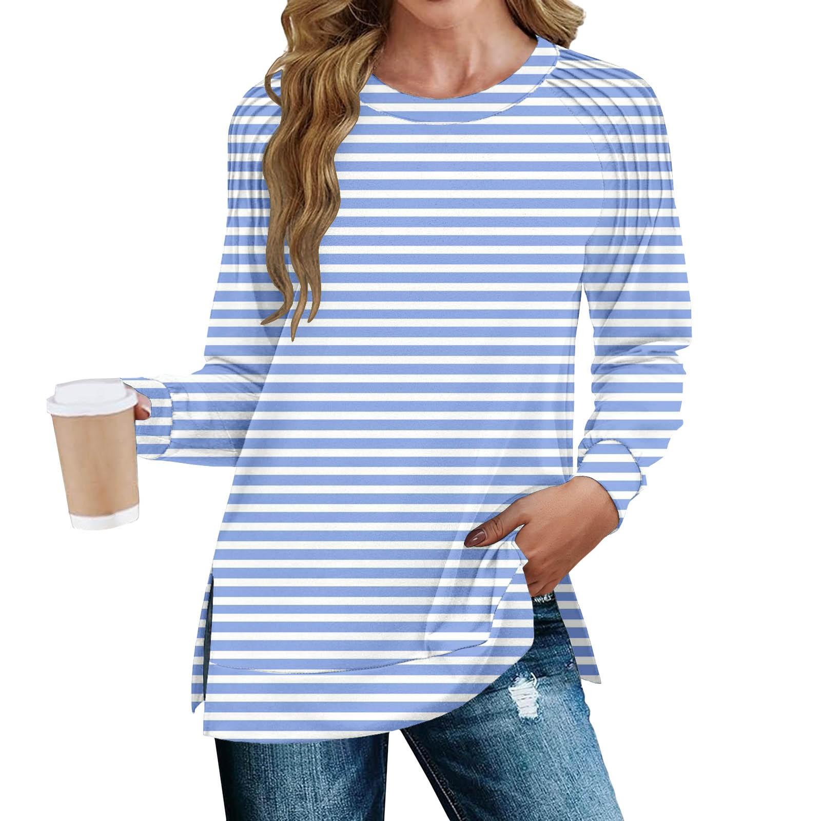 

Женская мода повседневная полосатая печать плиссированный низ разрез свободный крой осенний свитшот длинный рукав топ XL небесно-голубой