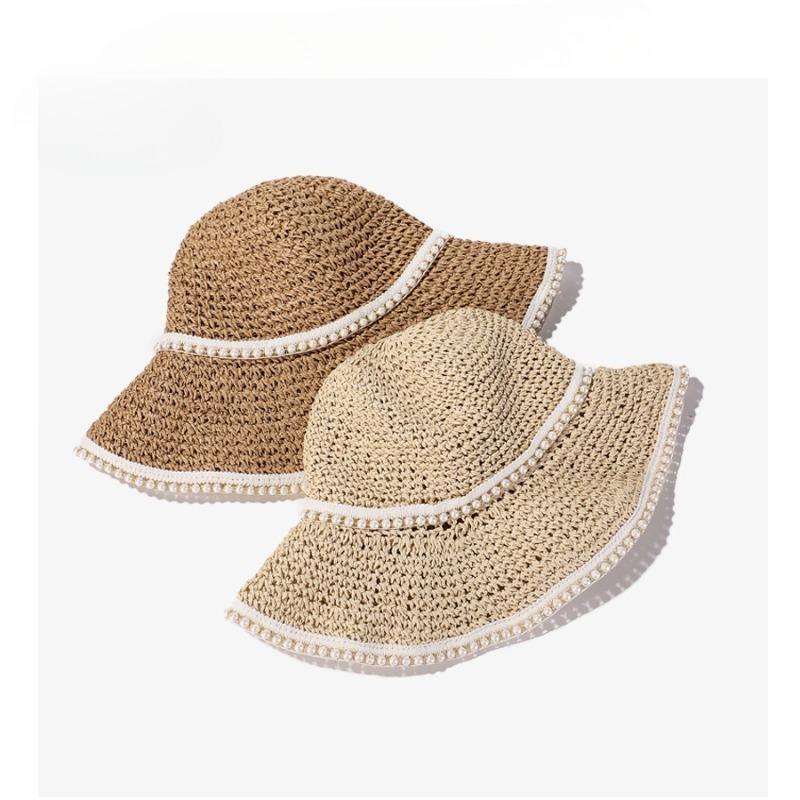 Women'S Double-Layer Pearl Large Brim Hand Hook Straw Woven Hat, Summer Beach Fisherman Hat, Outdoor Sun Shading Sun Hat