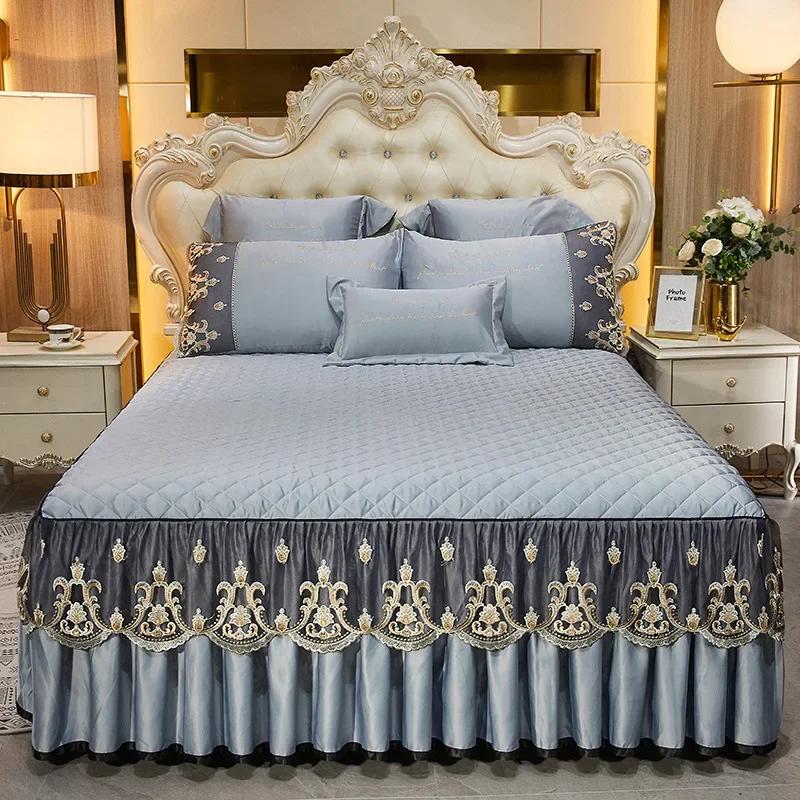 Fashion Lace Bed Skirt Home Decor Bedding Set Luxury Machine Washable Non Slip Embroidery Bedspreads for Queen/King Size Bed