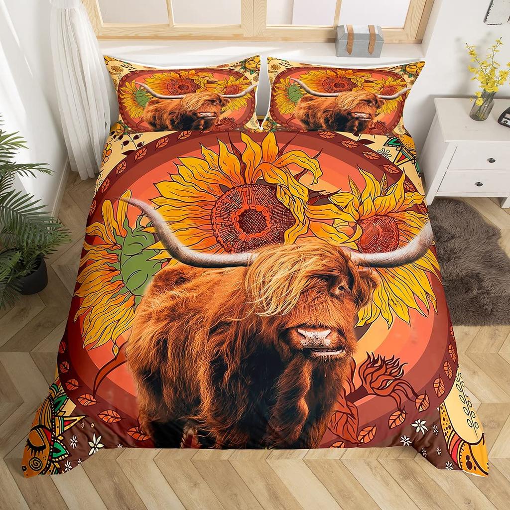 Kuh Bettbezug Set Twin King Size Bauernhoftier Bettwäsche Set Grüner Rankenblätter Druck Bettdeckenbezug Rustikale Holzbrett Steppdecke