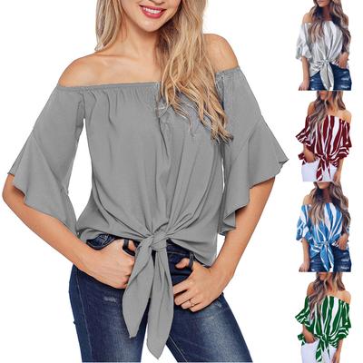 Women  Off Shoulder Waist Tie Blouse Short Sleeve Casual T Shirts Tops