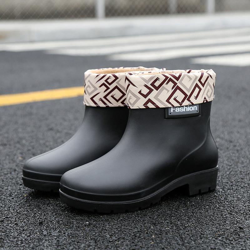 Rain shoes women wear short tube flat non-slip water shoes flat rain boots warm short rubber shoes