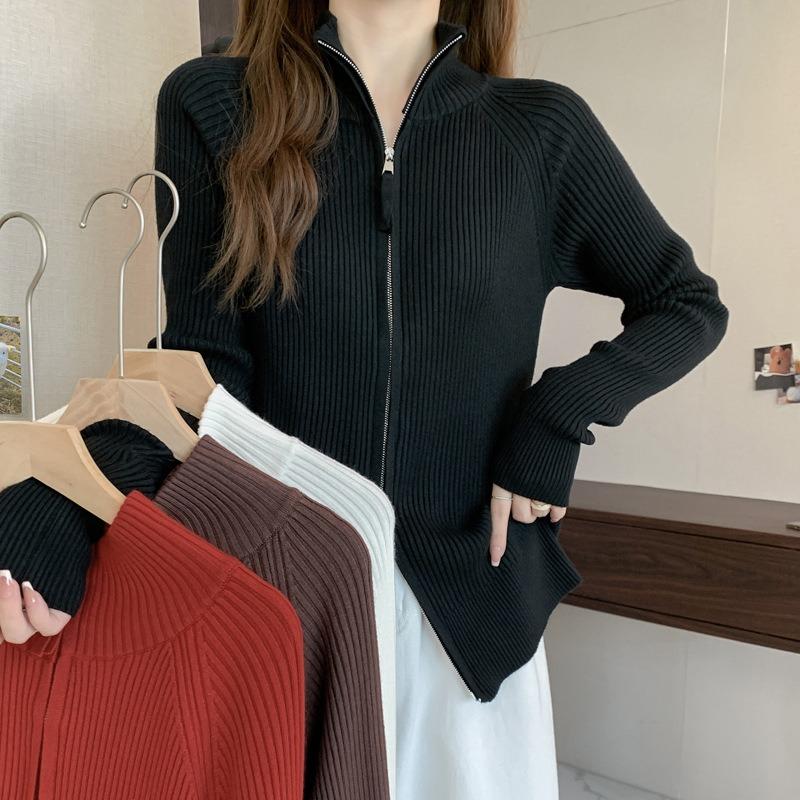 Autumn and winter double zipper stand-up neck sweater jacket women's shoulder knitted sweater