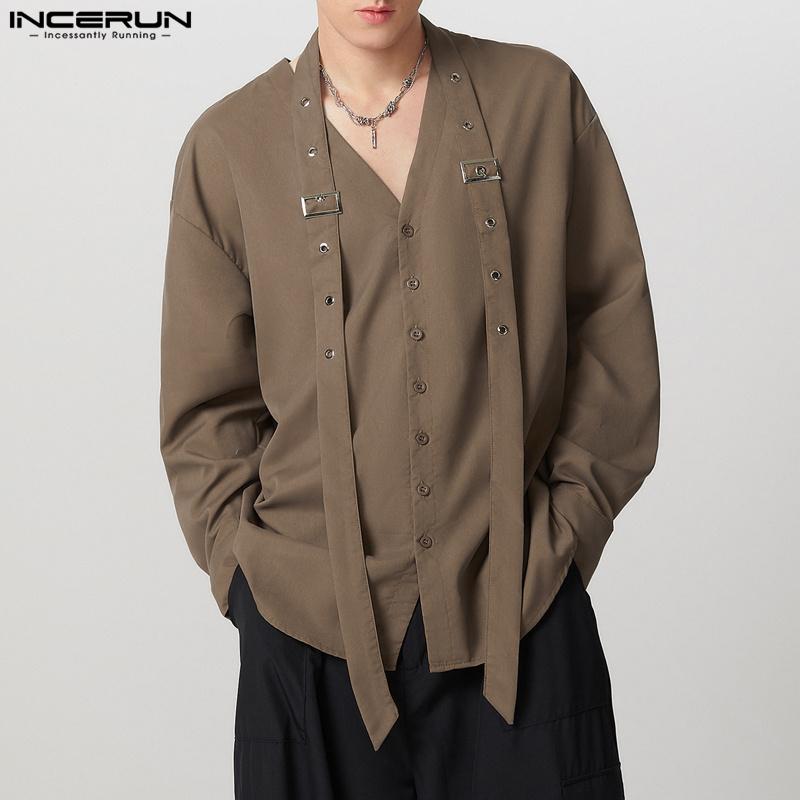 INCERUN Men V Neck Long Sleeve Patchwork Button Up Casual Loose Shirts
