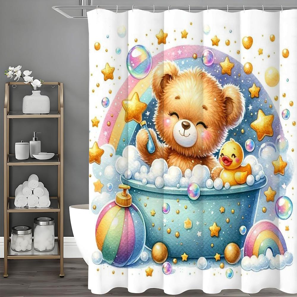 Cute cartoon bear bath yellow duck bath tub shower curtain, bathroom decorative shower curtain, waterproof shower curtain with h