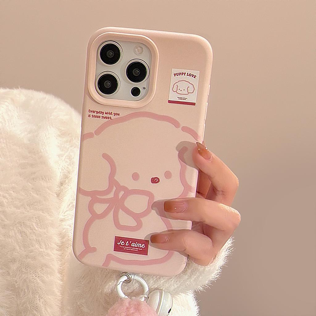 Pink Line Dog Suitable for Iphone17 Mobile Phone Case Apple 15 Girl 13 Plush Rope 16pro Max