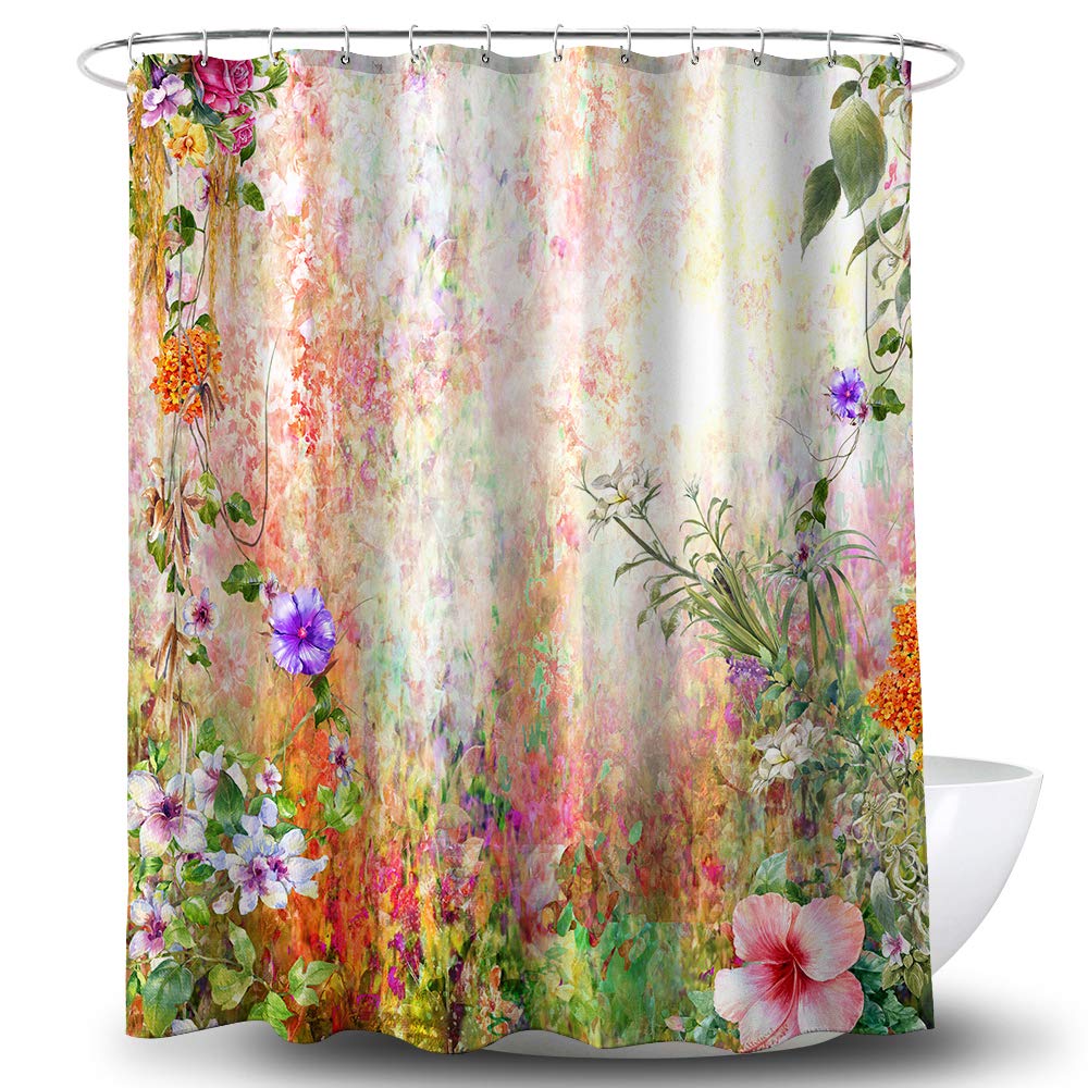Bathroom Shower Curtain Set With Hook,Flower Garden By Gustav Klimt,Home Art Paintings Pictures Curtain For Bathroom Accessories