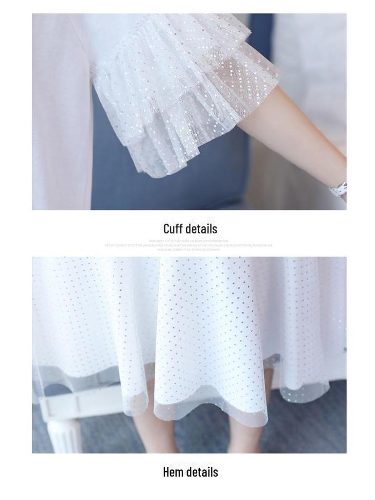 Stylish Korean Summer Maternity Dress - Loose Mesh Fairy Skirt for Late Pregnancy