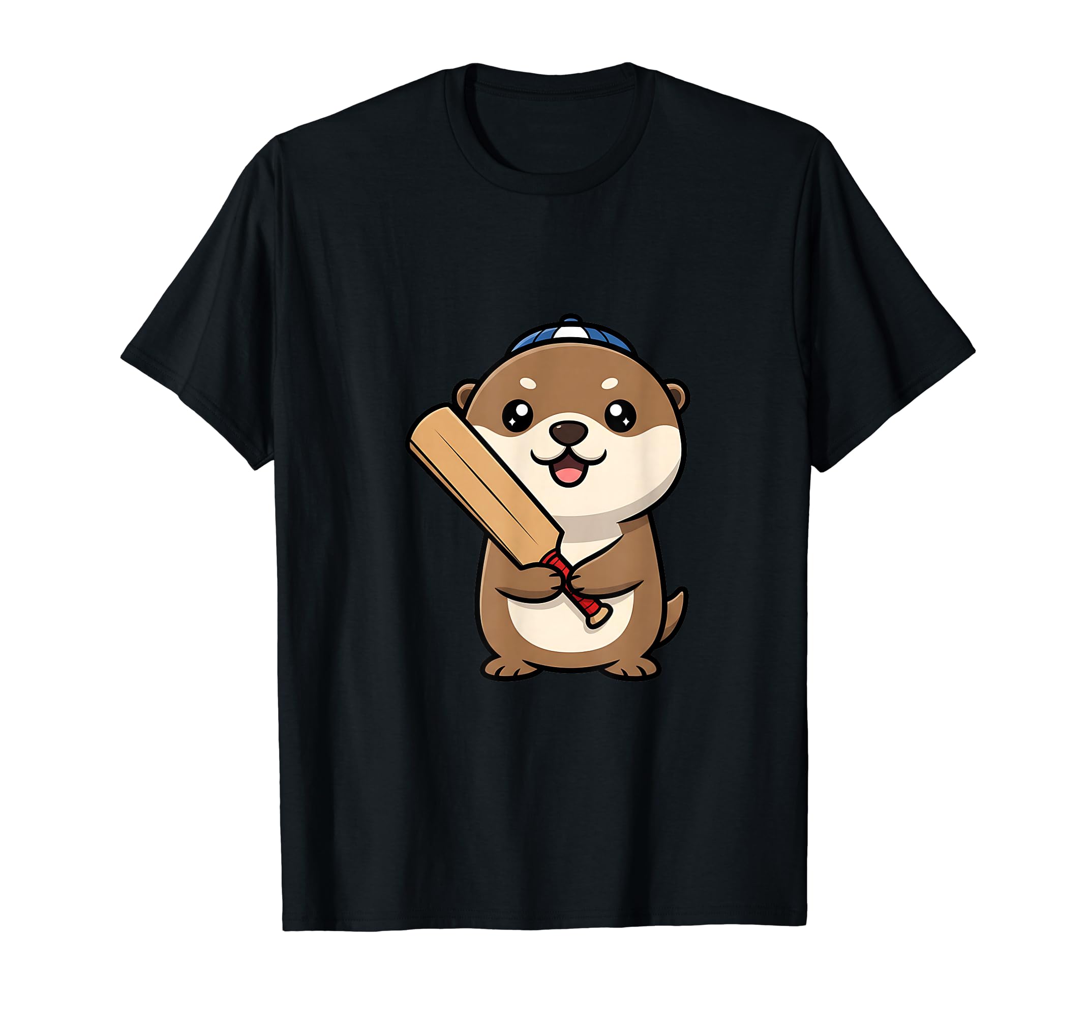 

Cute Otter Holding a Cricket Bat Cap Kids Cartoon Mascot T-Shirt for Sports Fans