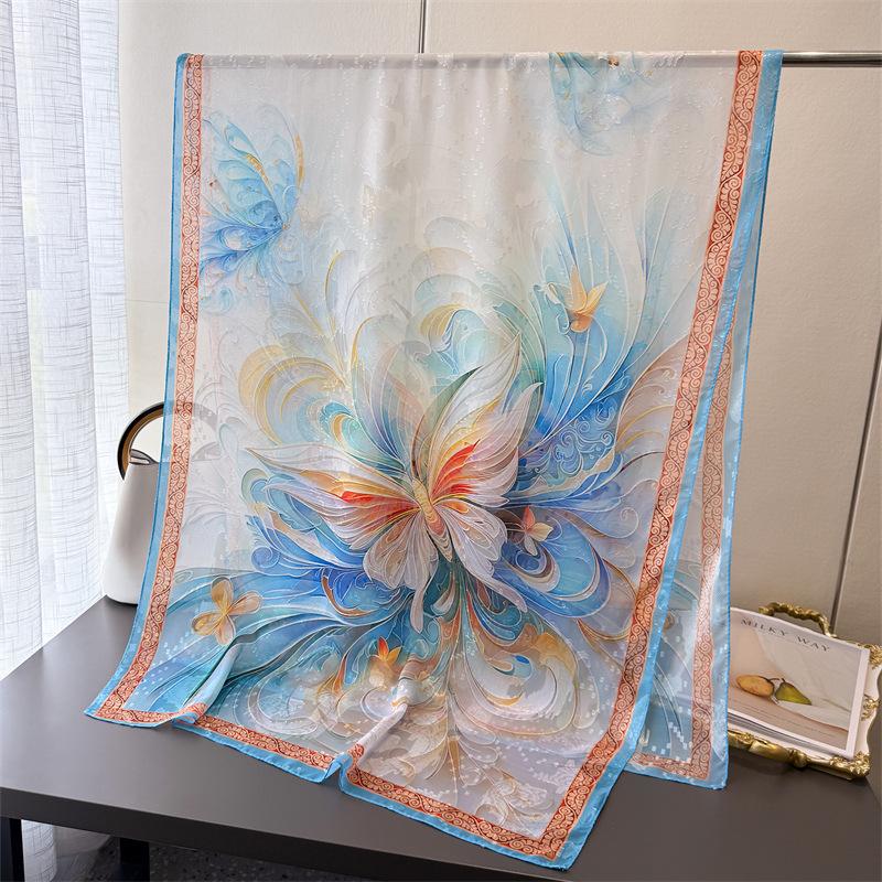 Elegant Printing Flower Cutting Spring and Summer Silk Scarf Large Long Scarf High-end Travel Shawl Sun Protection Women's Scarf Headscarf