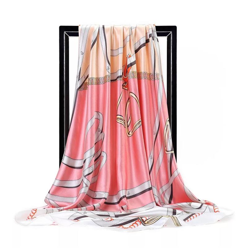 Scarves 90*90Cm Women Print Twil Hair Neck Square Silk Scarf Office Lady Shawl Bandana 90X90Cm Muslim Hijab Handkerchief Korean