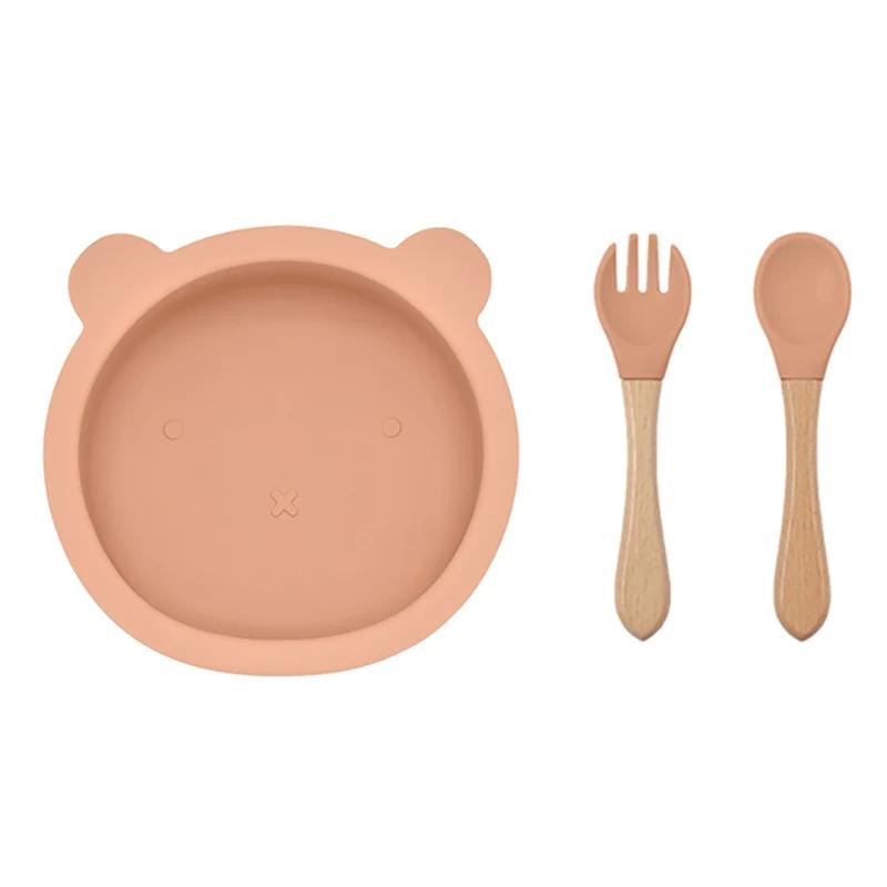 3Pcs/Set Baby Silicone Ventosa Tigela Colher Garfo Conjunto BPA Livre Cabo De Madeira Garfo Colher Alimentação Infantil Antiderrapante Conjunto De Talheres