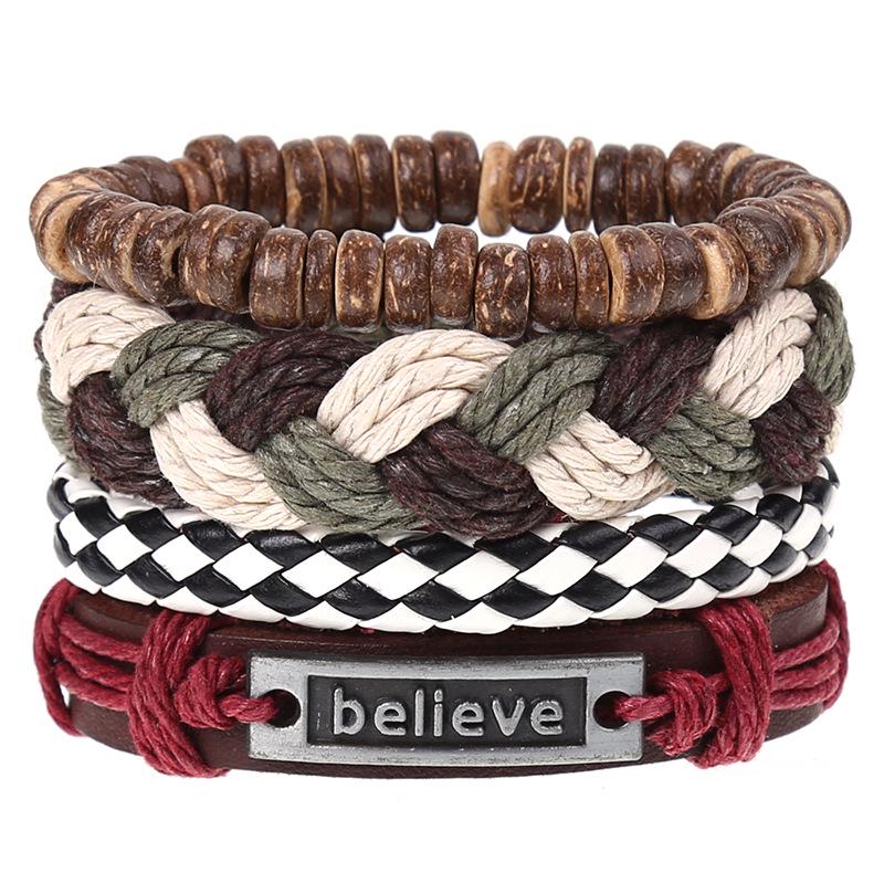 Retro Woven Cowhide Leather Men's Bracelet Set - European & American Handmade DIY Knot