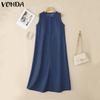 VONDA Women Round Neck Sleeveless Solid Color Casual Long Tunic Dress