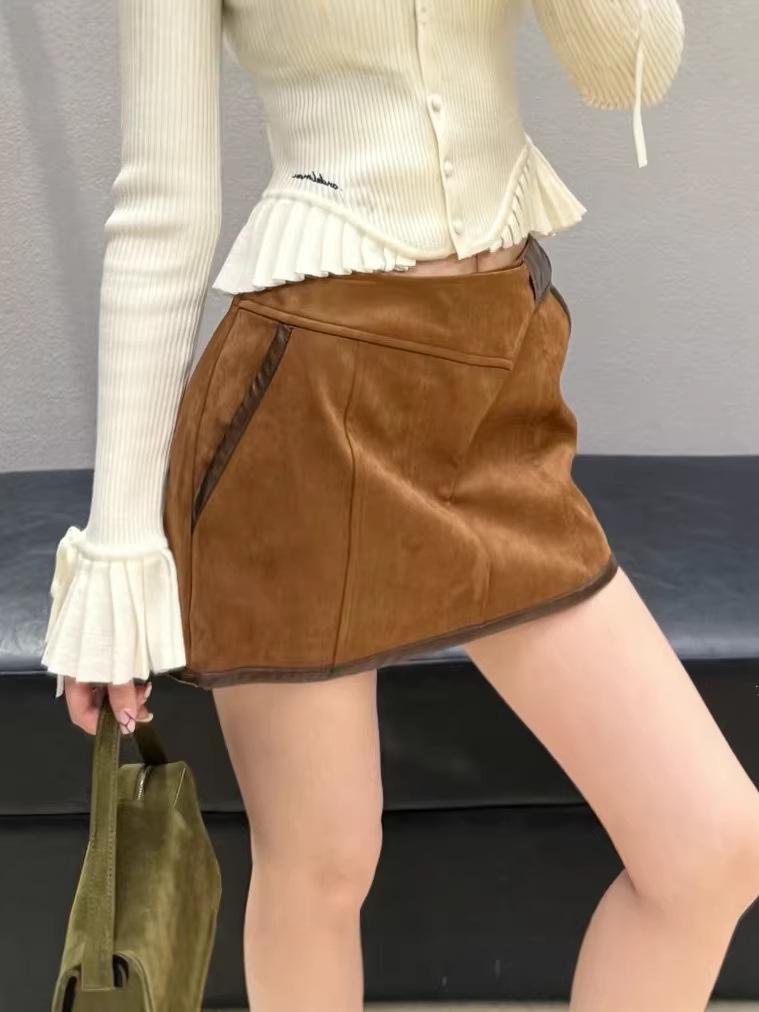 Nanyou Retro A-Line High Waist Brown Leather Mini Skirt for Women