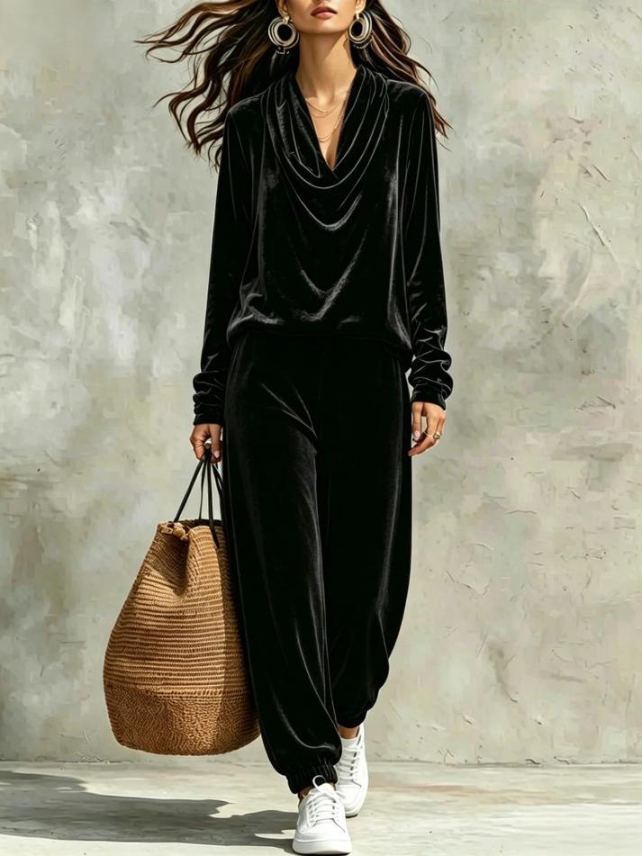 European and American women's clothing autumn and winter new swing neck gold velvet long-sleeved top corset sweatpants casual two-piece set
