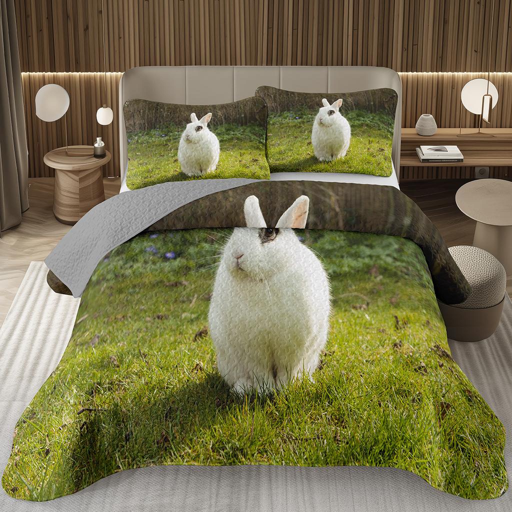 Cartoon Rabbit Bedspread Queen/Twin Lightweight Rustic Farmhouse Coverlet Easter Bunny Quilted Bedding Set 2/3 Pieces Quilt Set
