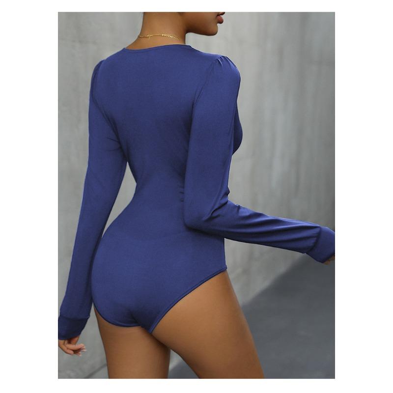 YYFS Damenmode Lässig Einfarbig Druck Frühling Herbst Langarm V-Ausschnitt Bodys