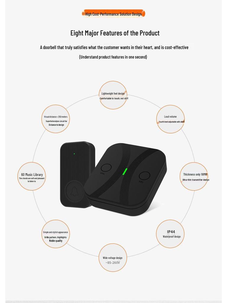 Ultra-Long Range Wireless Doorbell with Mobile Phone Control, High Volume, 300m Range, One-to-Many Functionality for Villas
