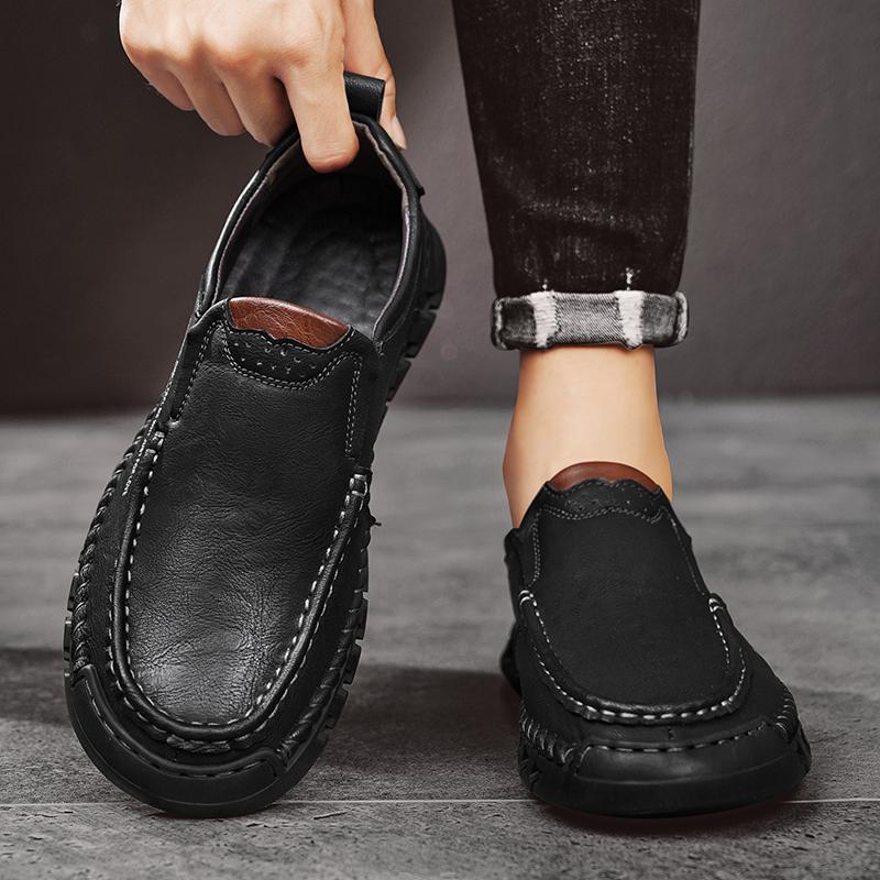 Fashion Handmade Male Slip on Flats New Breathable Loafers Genuine Leather Walking Shoes Fashion Comfortable Men's Casual Dress Shoes