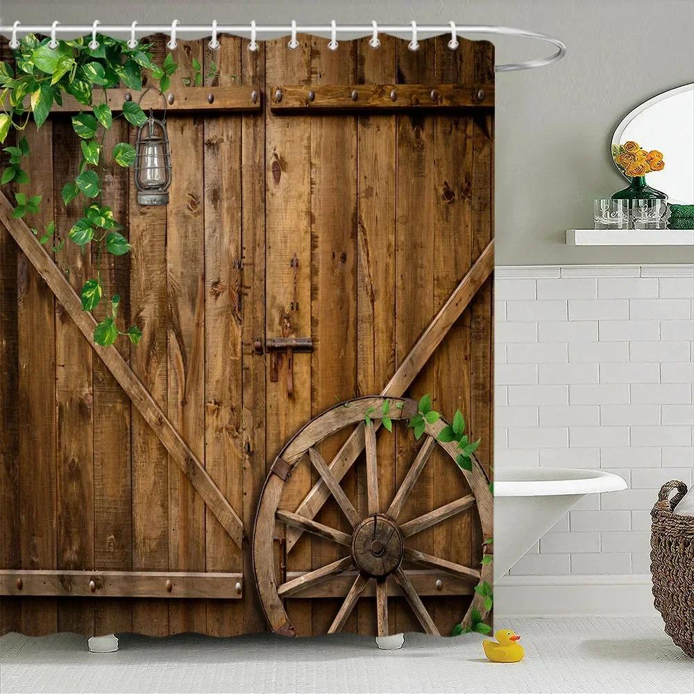 Retro Wood Doors Shower Curtain Set Rustic Old Vintage Barn Door Fabric Bathroom Curtains Farmhouse Bath Decor Bath Screens Hook