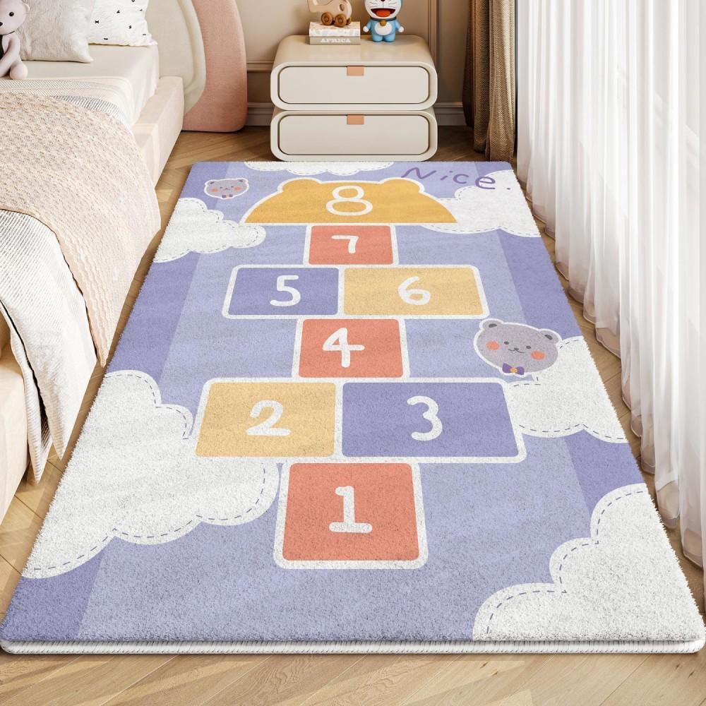 Bedroom Rug, Non-Slip Soft Puffy Carpet, Cartoon Cute Long Pile Bedside Mat for Bedroom & Living Room, Washable Plush