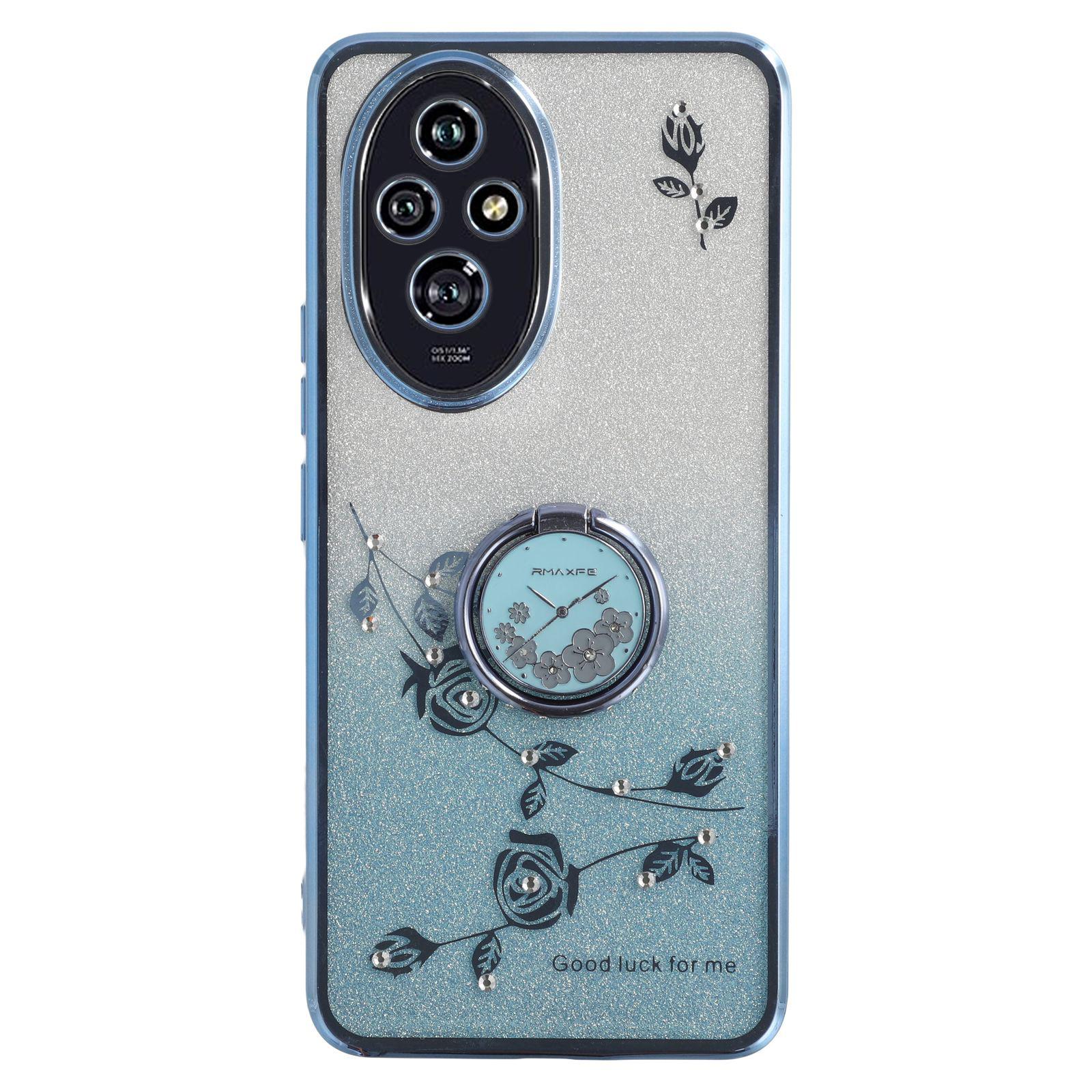

KADEM For Honor 200 5G Case Ring Kickstand TPU Flowers Phone Cover Gradient Glitter Blue
