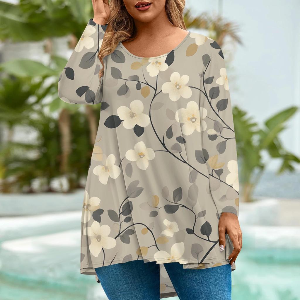 Women's Fashion Large Size Round Neck Long Sleeve Casual Print Loose Pullover Top