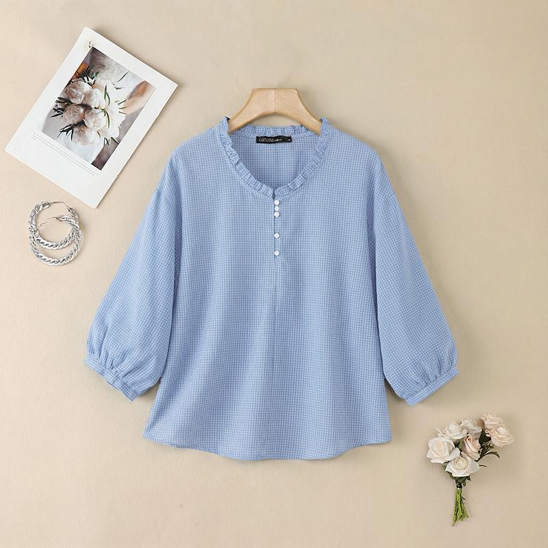ZANZEA Women Casual V-neck Plaid Print Loose Half Sleeve Blouse
